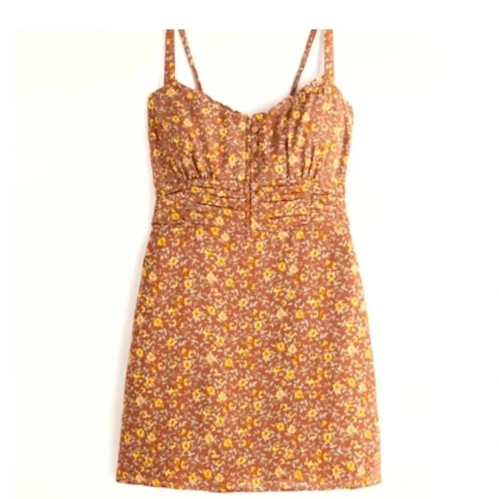 Abercrombie & Fitch Orange Floral Ruched Mini Dress Size Large